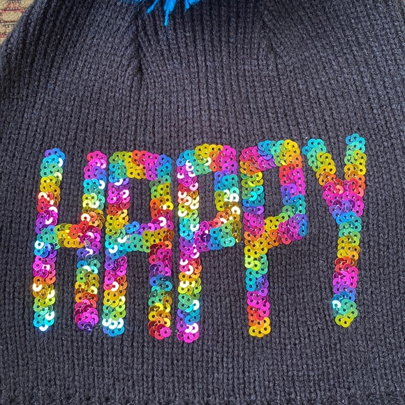 “HAPPY” black winter hat from “Trolls” with Turquoise ball -almost new - Picture 2 of 4